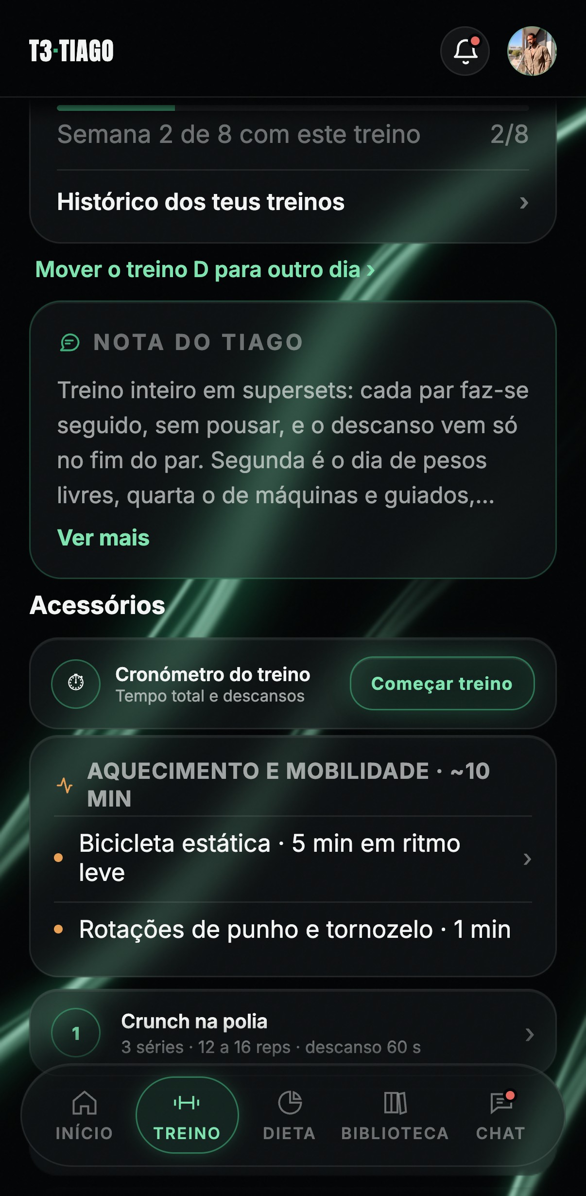 Plano de treino na app T3·TIAGO
